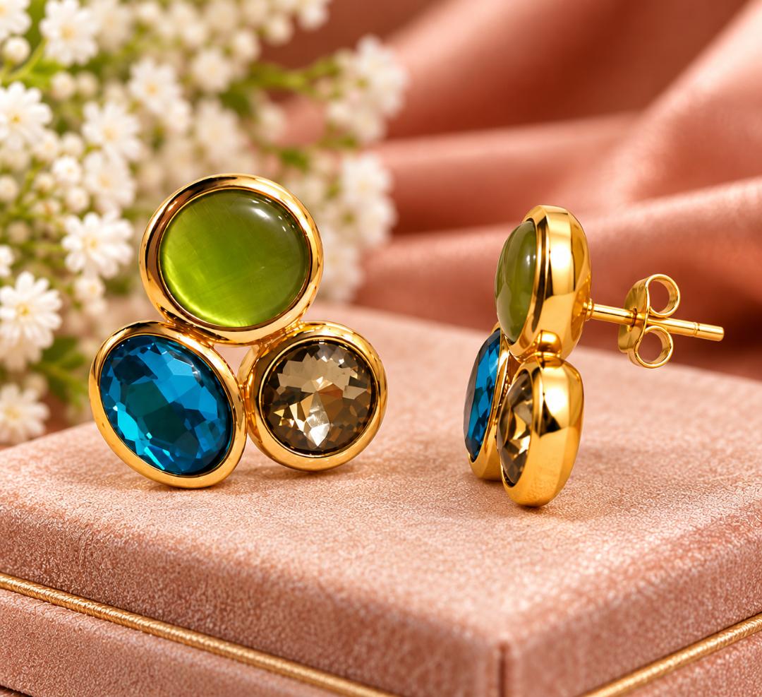 Gold-Tone Multicolor Gemstone Cluster Stud Earrings for Women