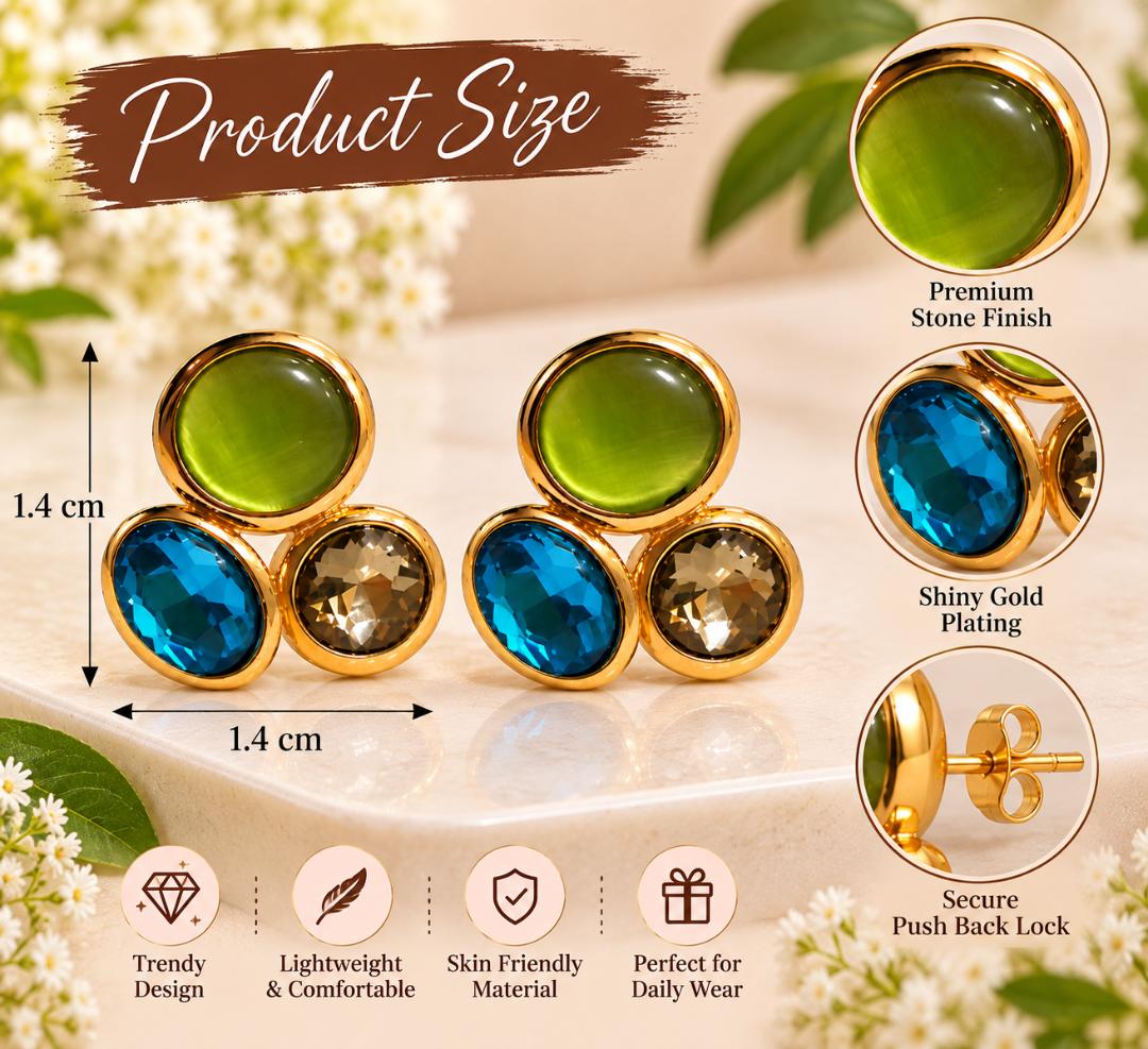 Gold-Tone Multicolor Gemstone Cluster Stud Earrings for Women