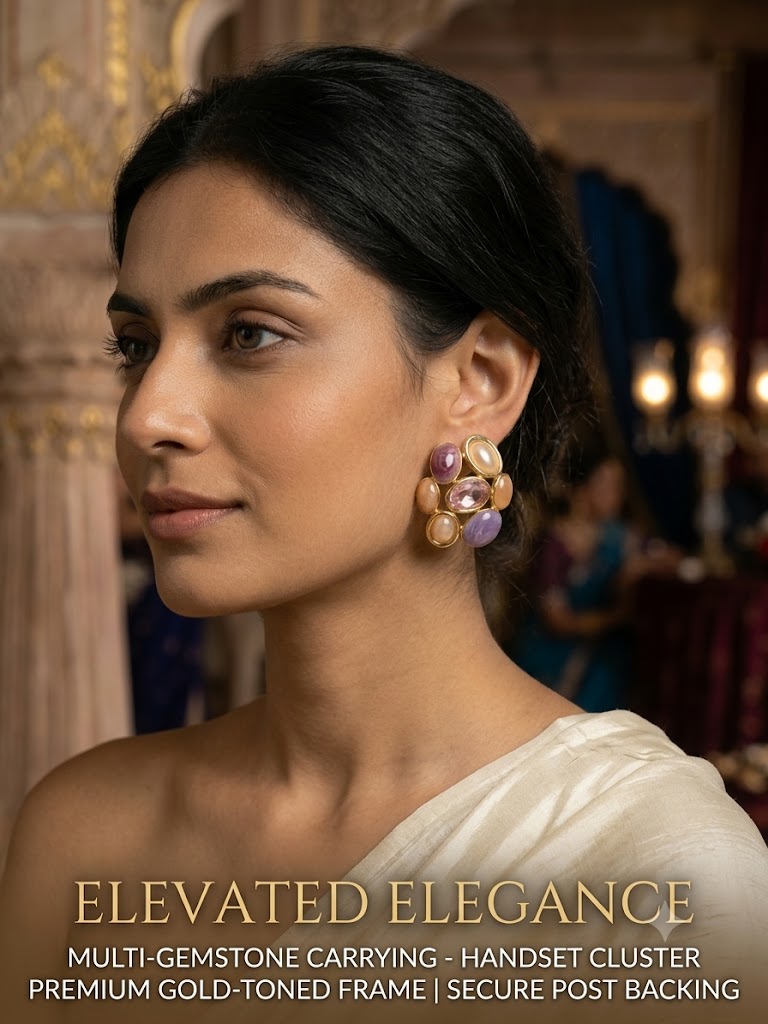 Gold-Tone Multicolor Gemstone Cluster Stud Earrings for Women
