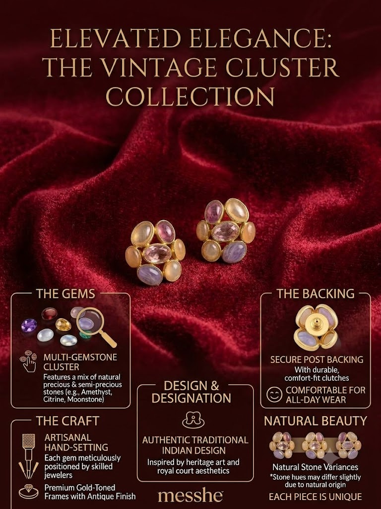 Gold-Tone Multicolor Gemstone Cluster Stud Earrings for Women