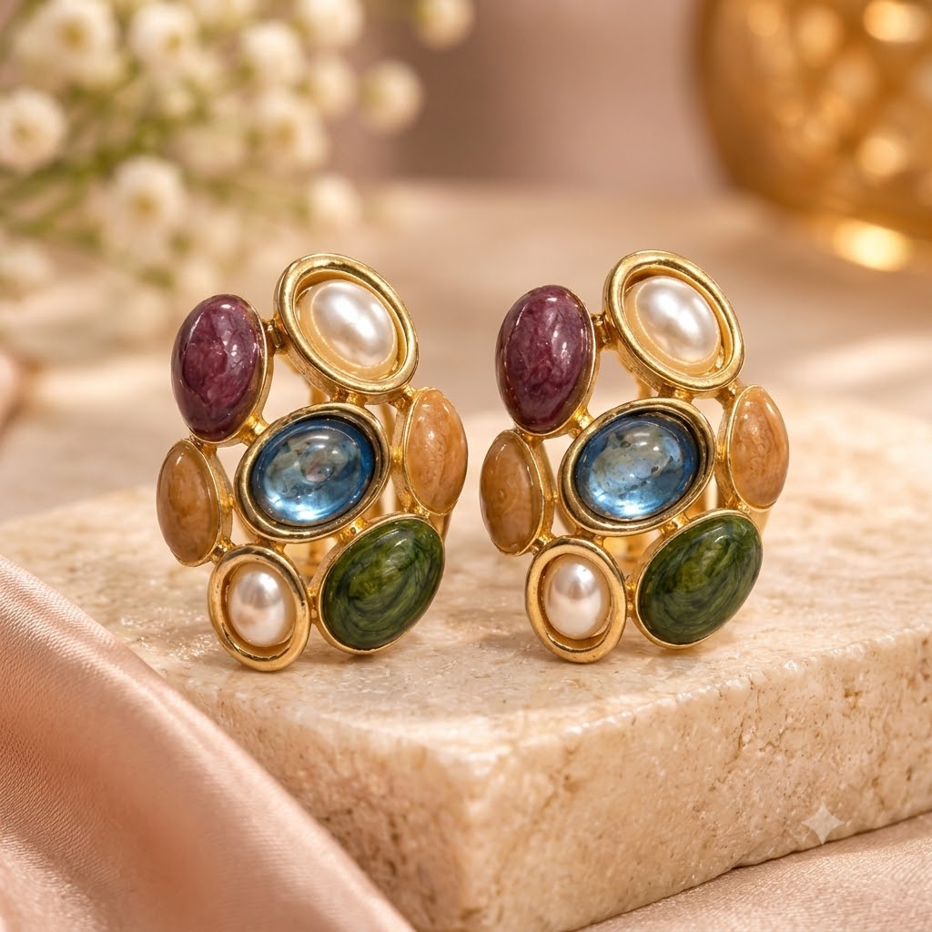 Gold-Tone Multicolor Stone Cluster Stud Earrings for Women
