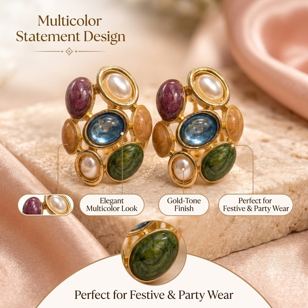 Gold-Tone Multicolor Stone Cluster Stud Earrings for Women