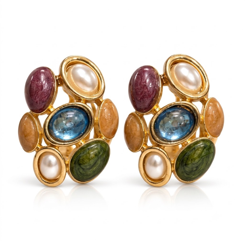 Gold-Tone Multicolor Stone Cluster Stud Earrings for Women