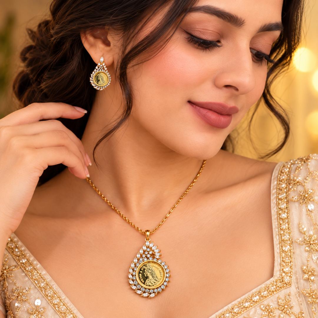 Gold-Tone Royal Coin Pendant Necklace with Matching Earrings for Women