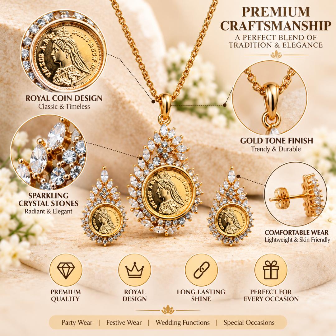 Gold-Tone Royal Coin Pendant Necklace with Matching Earrings for Women