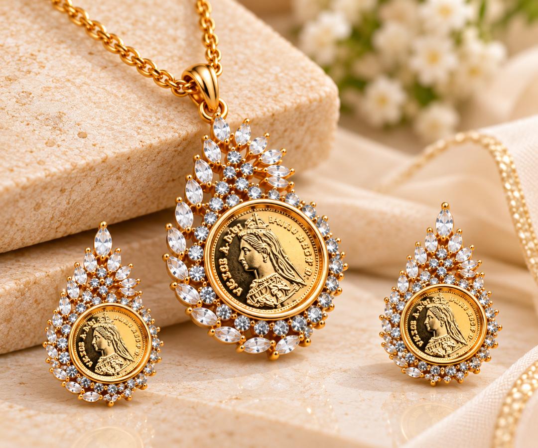Gold-Tone Royal Coin Pendant Necklace with Matching Earrings for Women