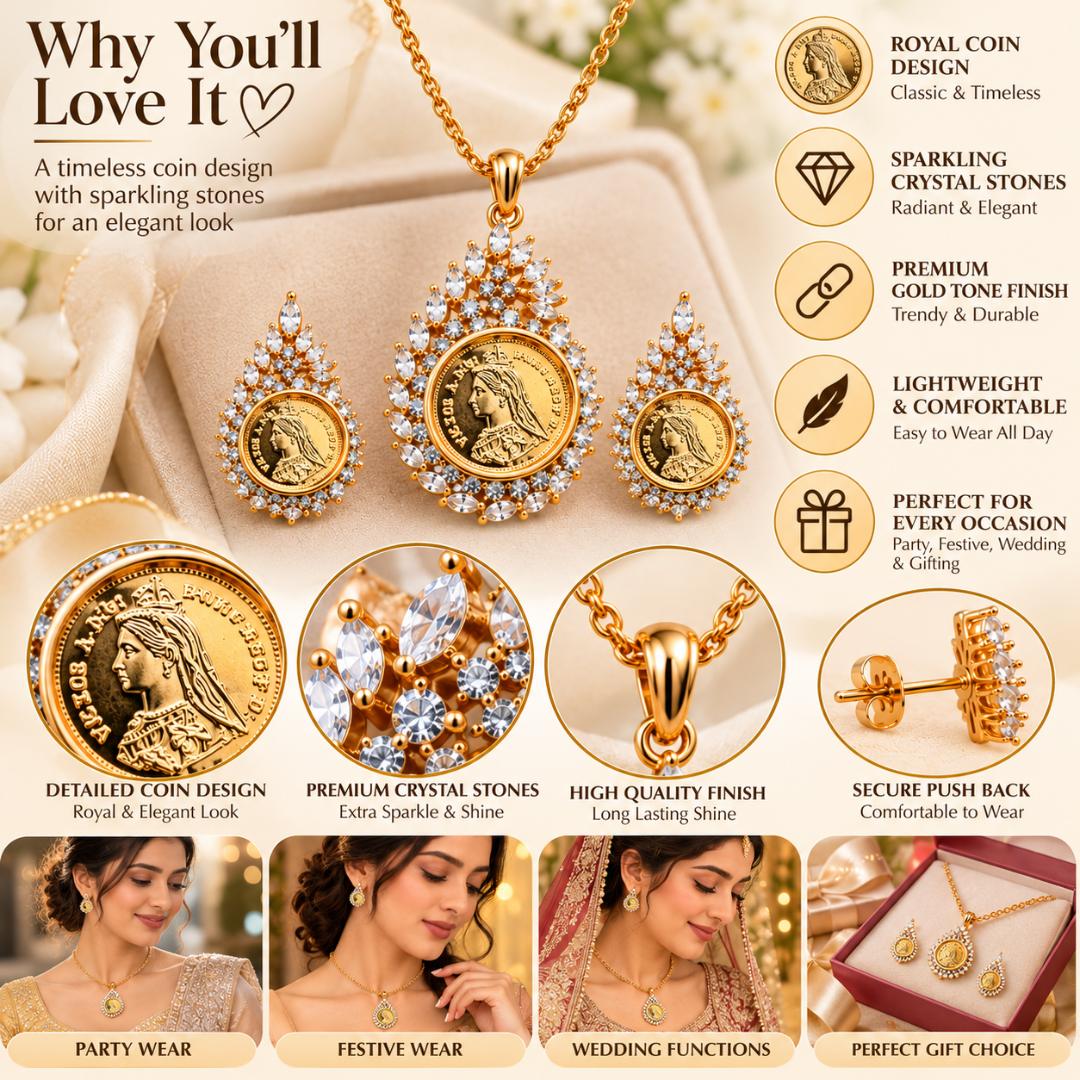 Gold-Tone Royal Coin Pendant Necklace with Matching Earrings for Women