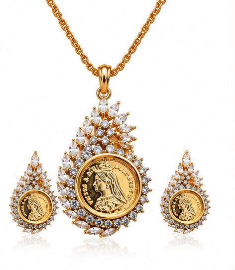 Gold-Tone Royal Coin Pendant Necklace with Matching Earrings for Women
