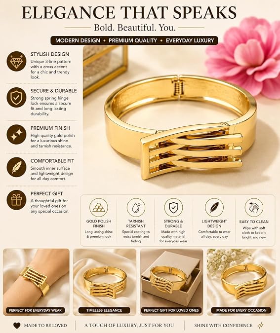 Gold-Tone Triple-Bar Wave Cuff Bracelet for Women