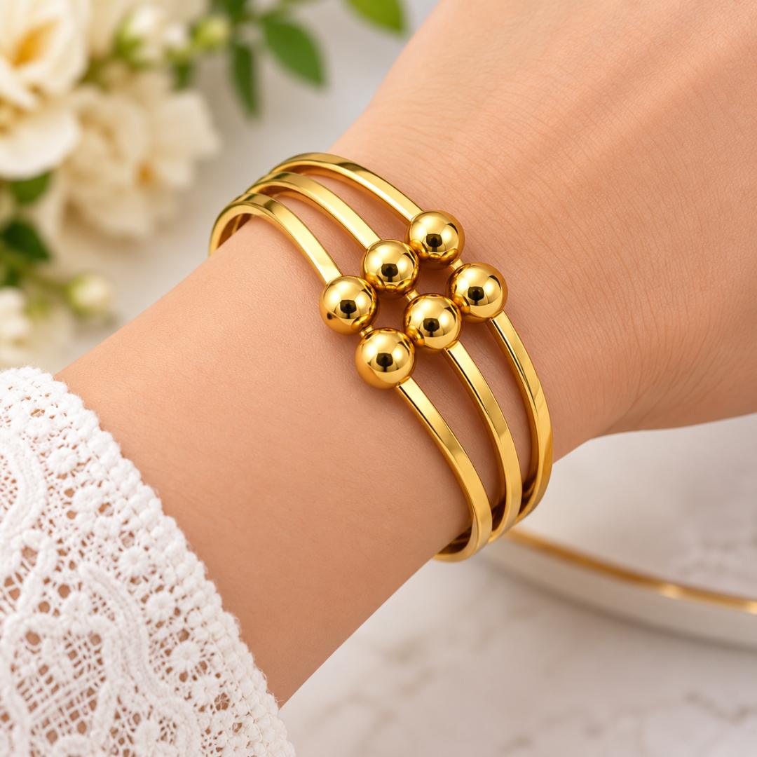Gold-Tone Triple Strand Ball Design Cuff Bracelet for Women