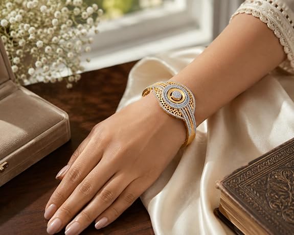 Gold-Tone Two-Tone CZ Designer Bangle Bracelet