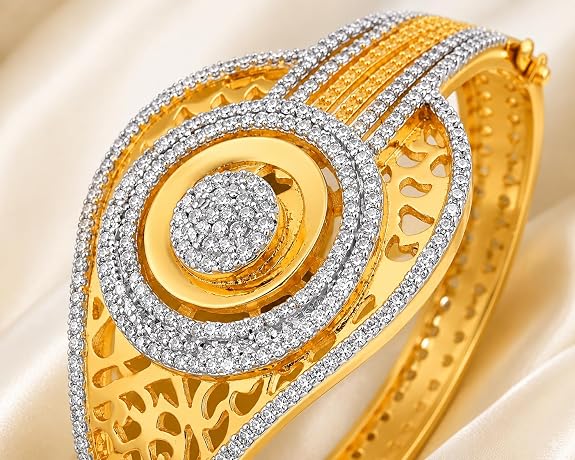 Gold-Tone Two-Tone CZ Designer Bangle Bracelet