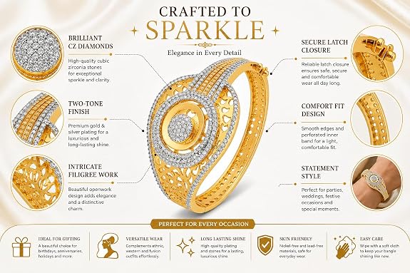 Gold-Tone Two-Tone CZ Designer Bangle Bracelet