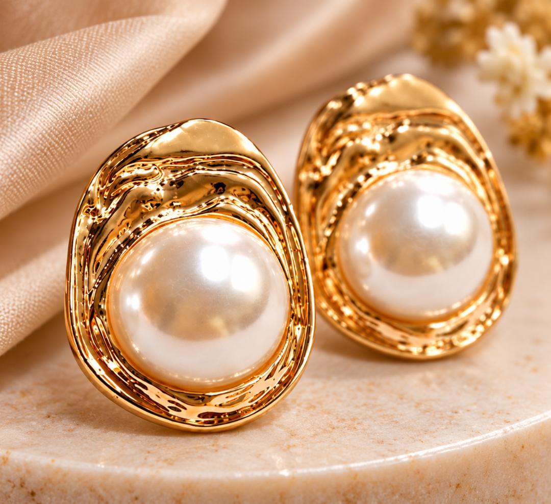 Gold-Tone White Pearl Oval Stud Earrings for Women
