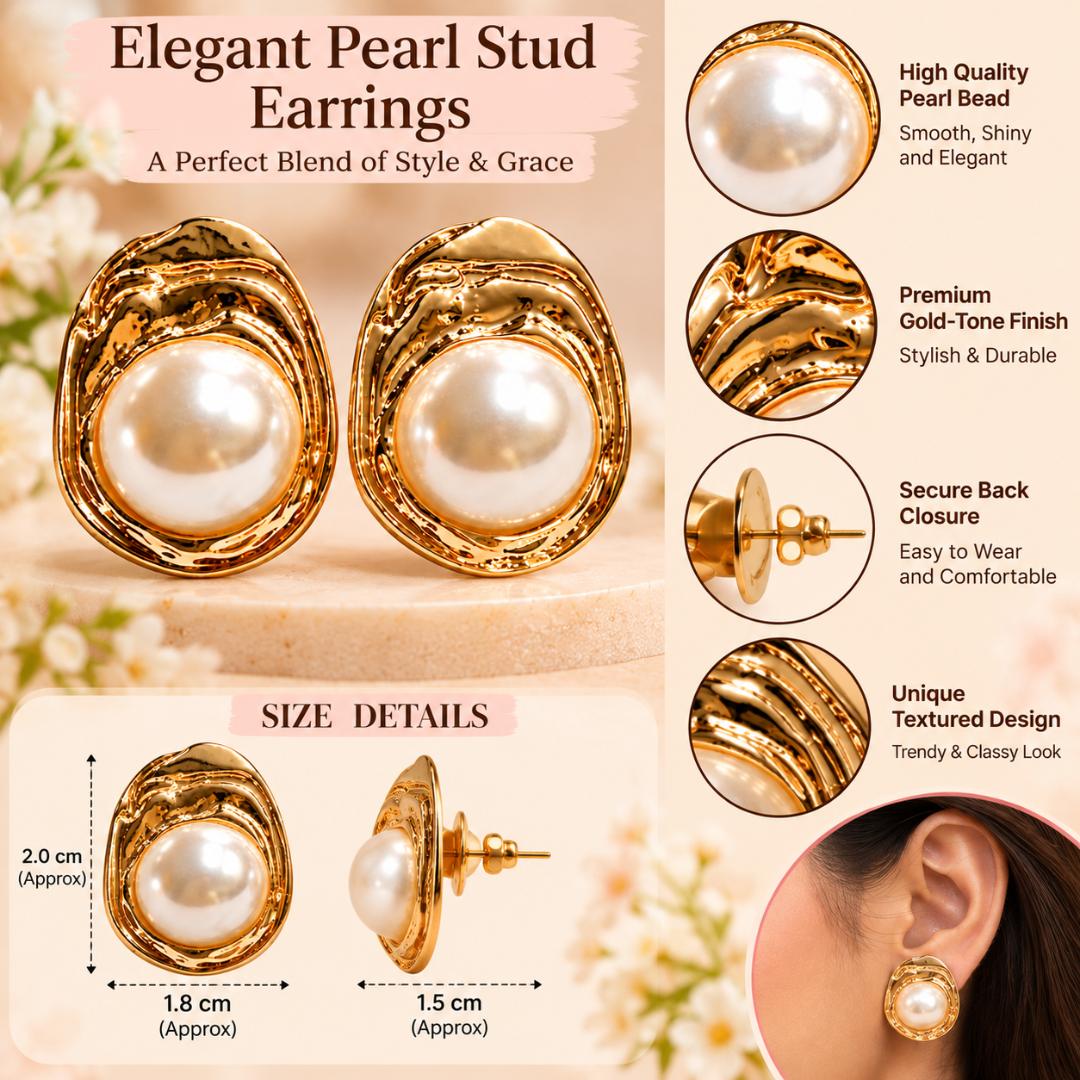Gold-Tone White Pearl Oval Stud Earrings for Women