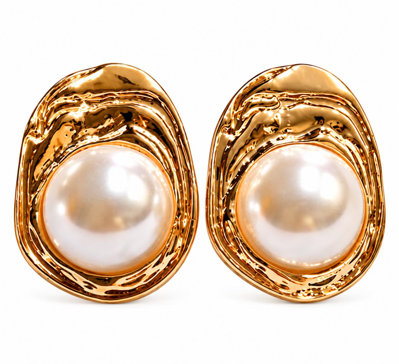 Gold-Tone White Pearl Oval Stud Earrings for Women