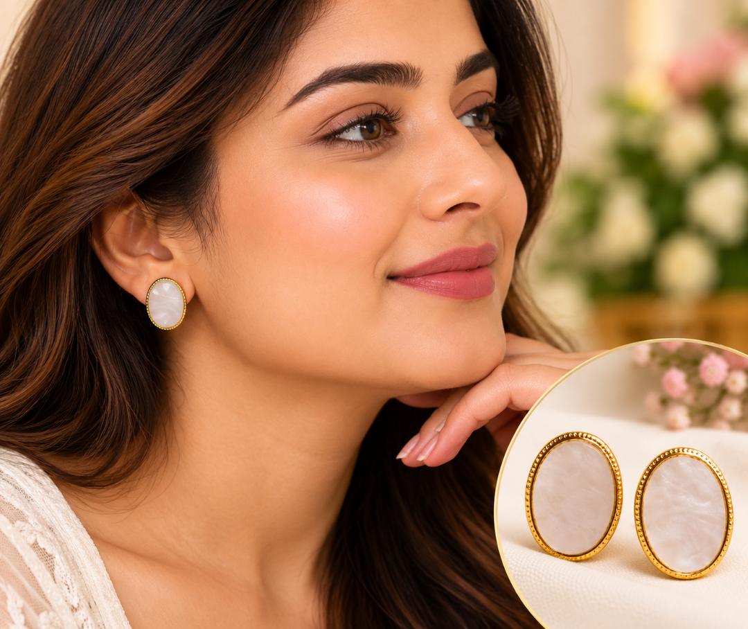 Gold-Tone White Stone Oval Stud Earrings for Women