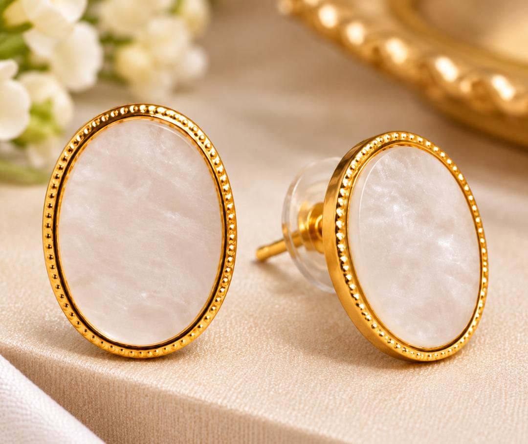 Gold-Tone White Stone Oval Stud Earrings for Women