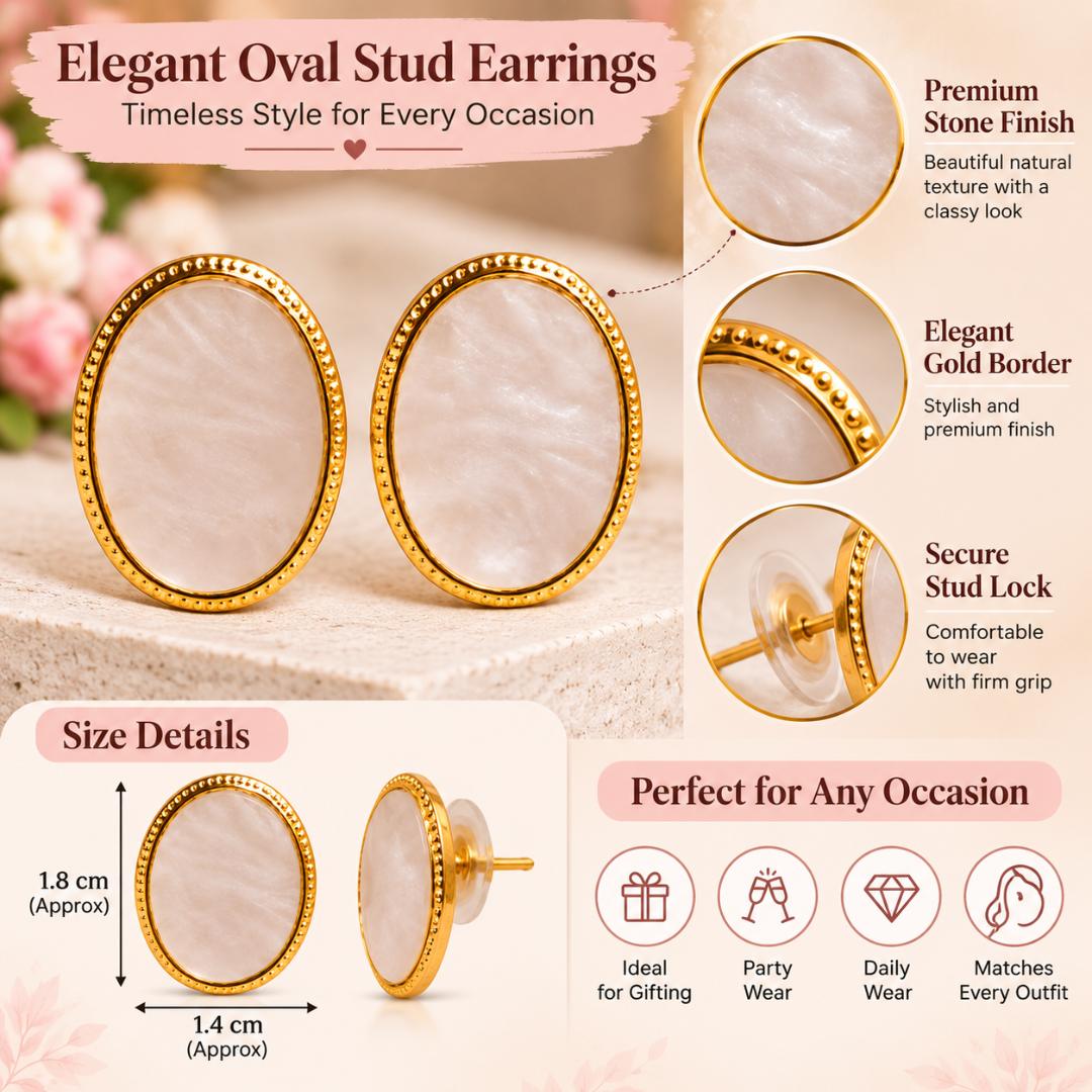 Gold-Tone White Stone Oval Stud Earrings for Women
