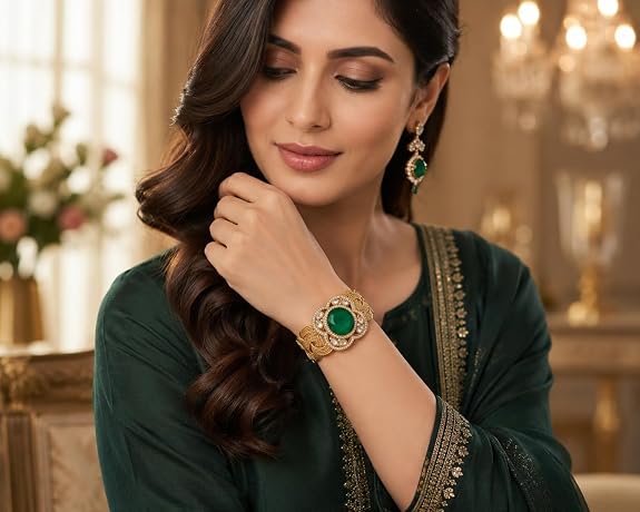 Green Stone Cuff Bracelet with Gold-Tone Braided Band
