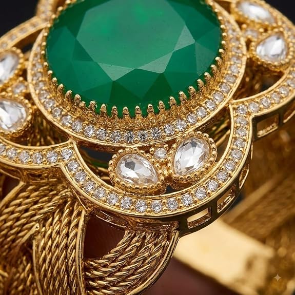 Green Stone Cuff Bracelet with Gold-Tone Braided Band