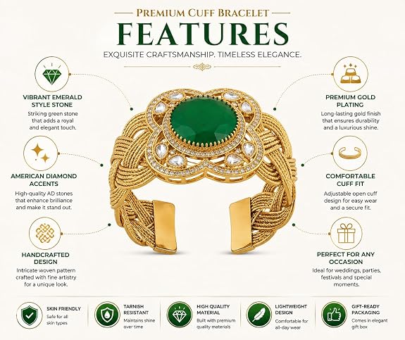 Green Stone Cuff Bracelet with Gold-Tone Braided Band