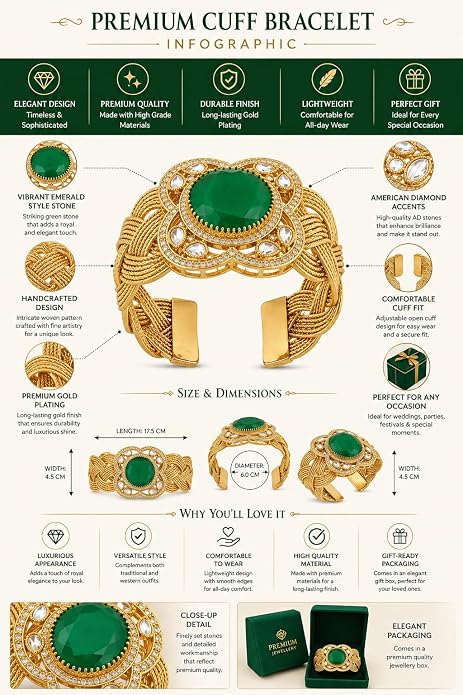 Green Stone Cuff Bracelet with Gold-Tone Braided Band