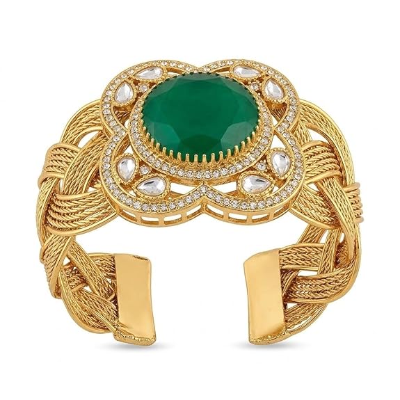 Green Stone Cuff Bracelet with Gold-Tone Braided Band