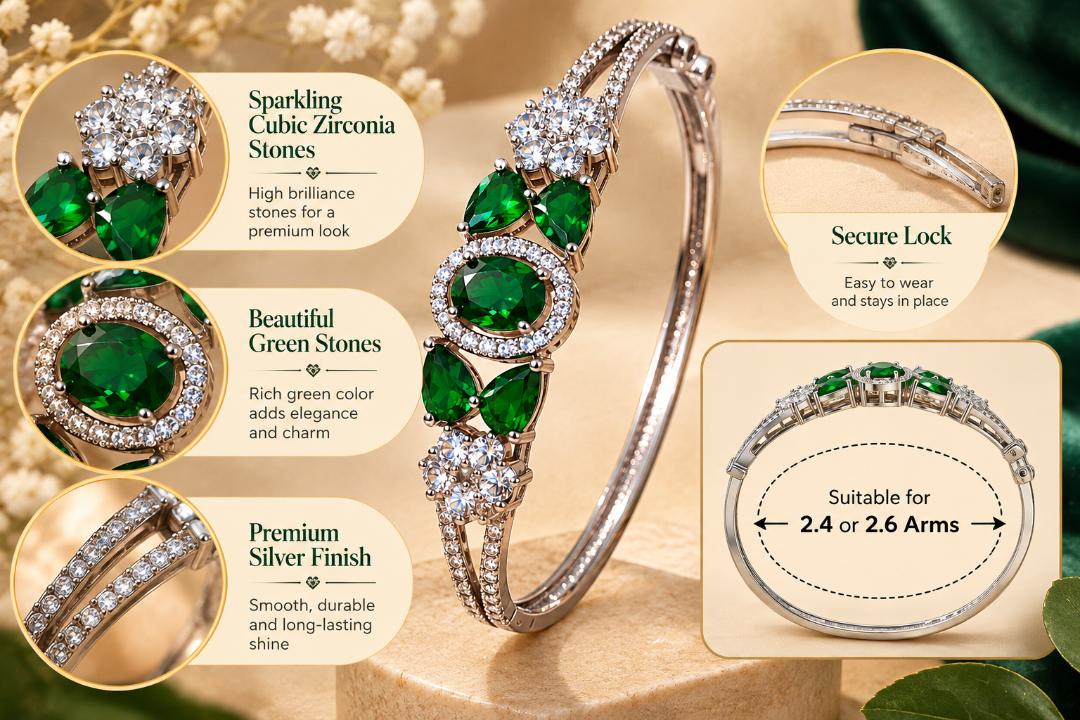 Green Stone Silver-Tone Designer Bracelet for Women