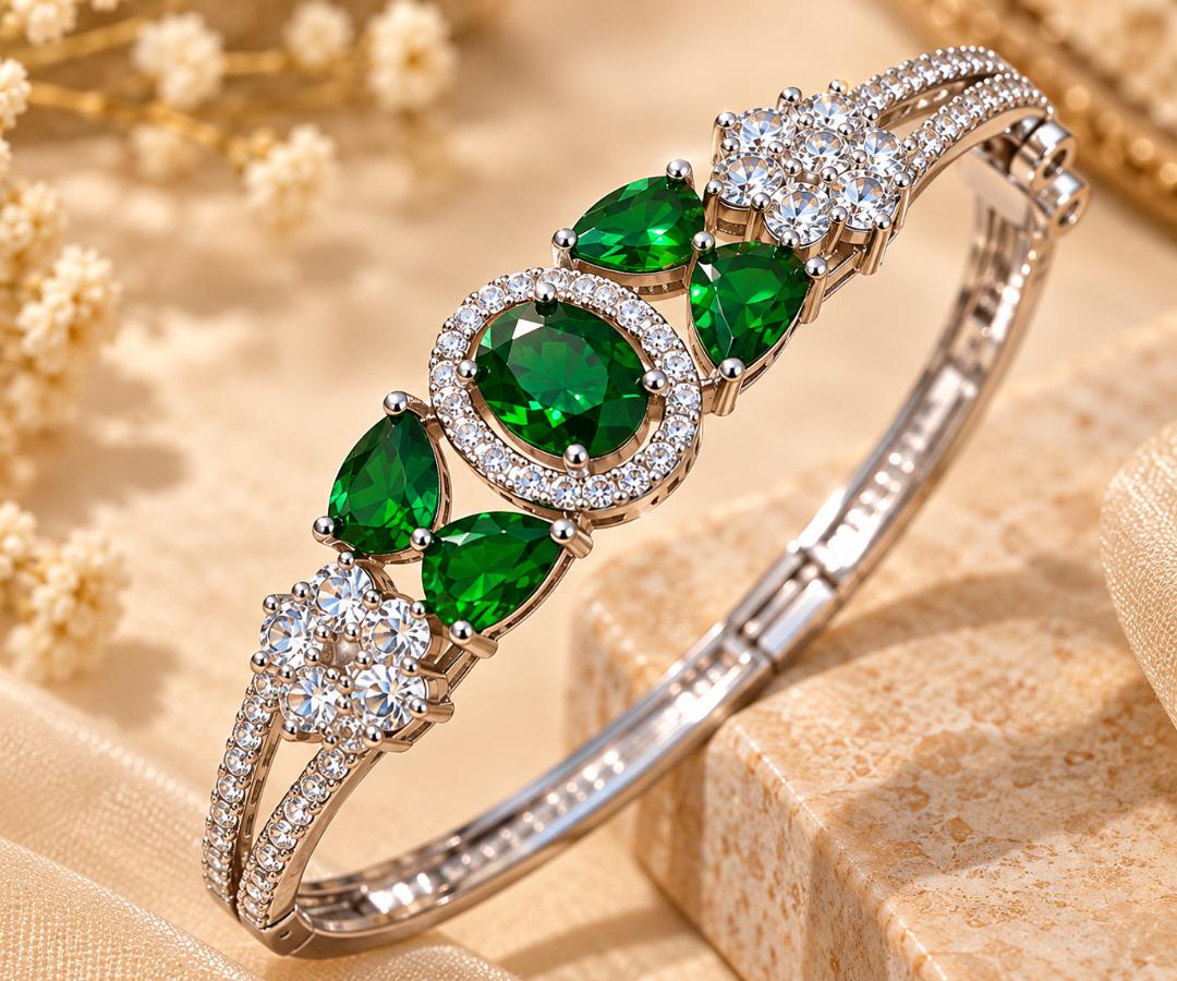 Green Stone Silver-Tone Designer Bracelet for Women