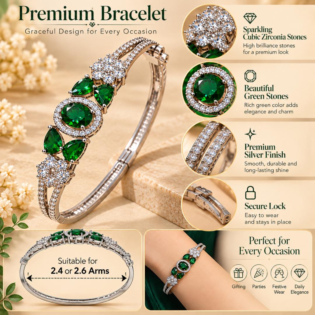 Green Stone Silver-Tone Designer Bracelet for Women