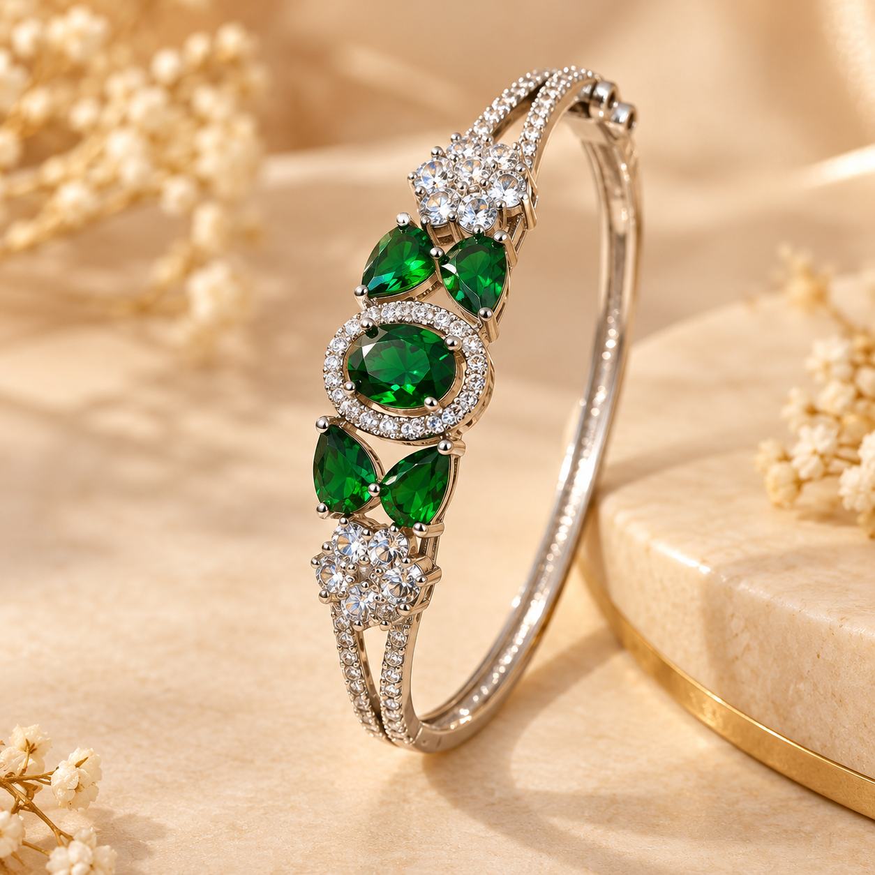 Green Stone Silver-Tone Designer Bracelet for Women