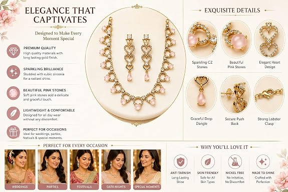 Heart Design Gemstone Necklace and Earrings Jewellery