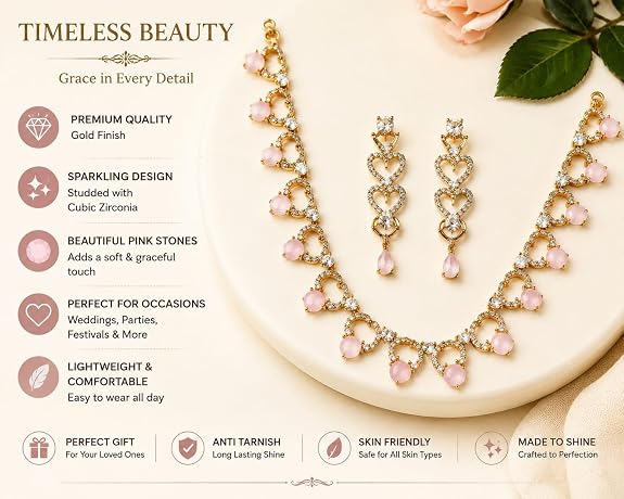 Heart Design Gemstone Necklace and Earrings Jewellery