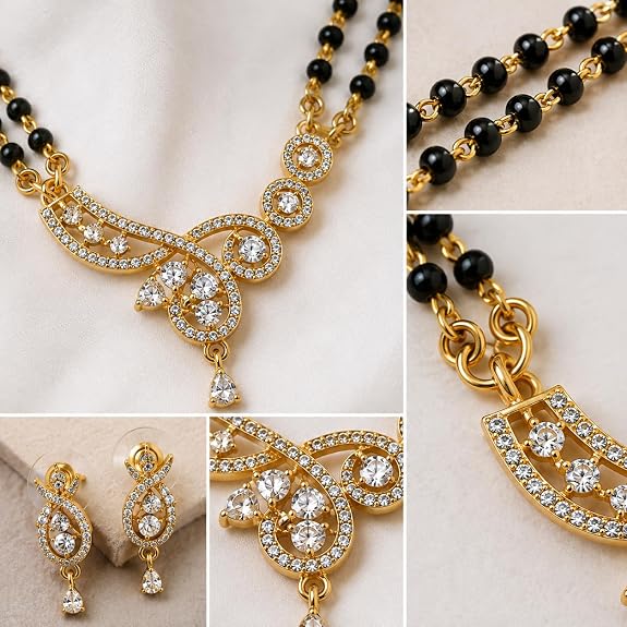 Mangalsutra Necklace Set with Crystal-Studded Gold Tone Pendant