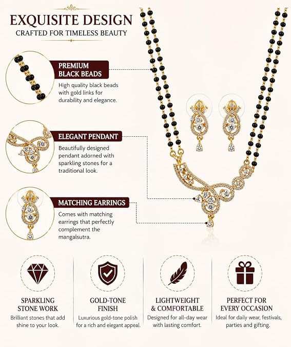 Mangalsutra Necklace Set with Crystal-Studded Gold Tone Pendant