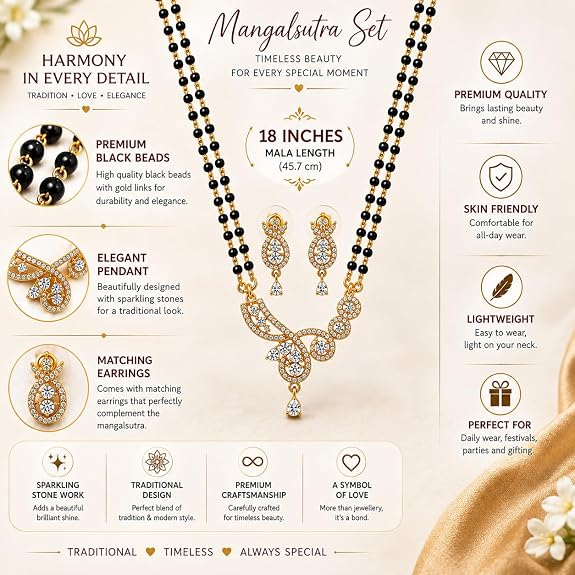 Mangalsutra Necklace Set with Crystal-Studded Gold Tone Pendant