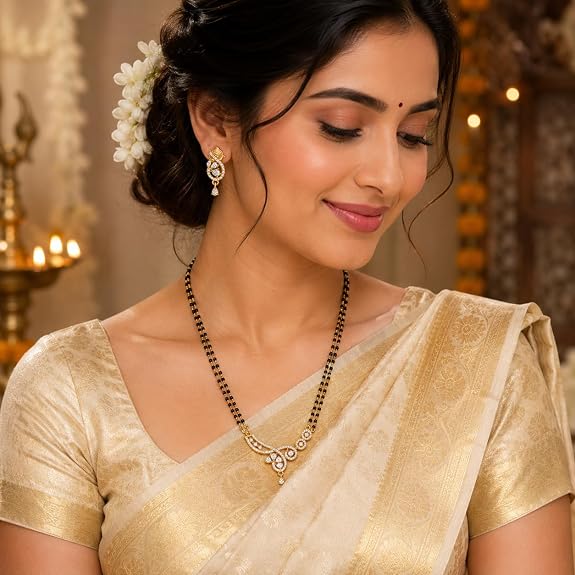 Mangalsutra Necklace Set with Crystal-Studded Gold Tone Pendant