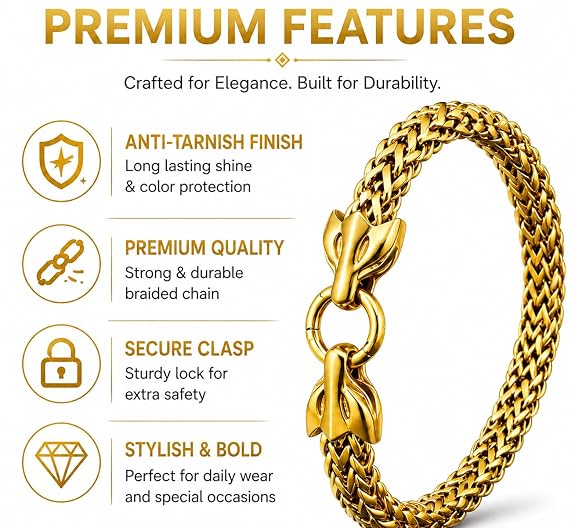 Men's Braided Chain Bracelet 22cm Gold-Plated Anti-Tarnish Leaf Clasp