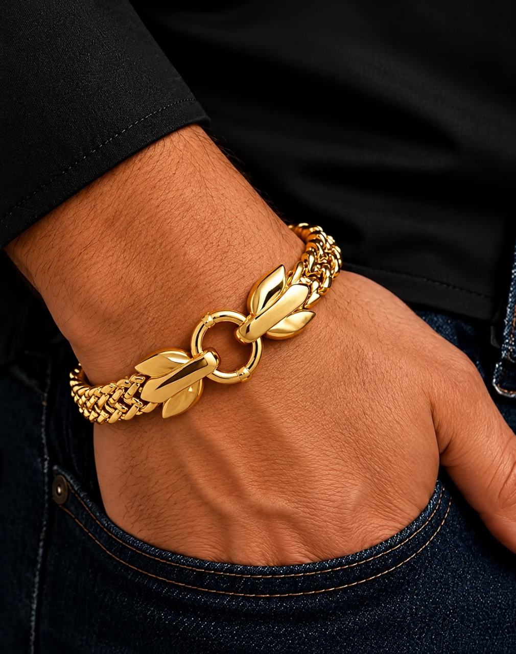 Men's Braided Chain Bracelet 22cm Gold-Plated Anti-Tarnish Leaf Clasp