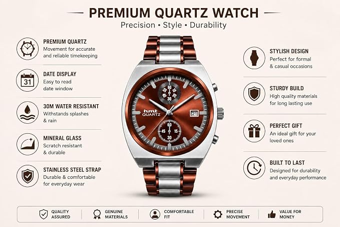 Men's Chronograph Look Analog Watch | Stainless Steel Bracelet | Quartz Movement with Date Display, 42mm Case