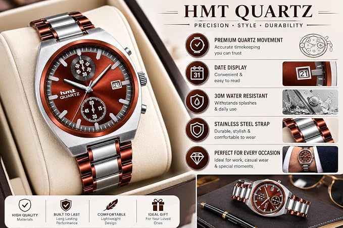 Men's Chronograph Look Analog Watch | Stainless Steel Bracelet | Quartz Movement with Date Display, 42mm Case
