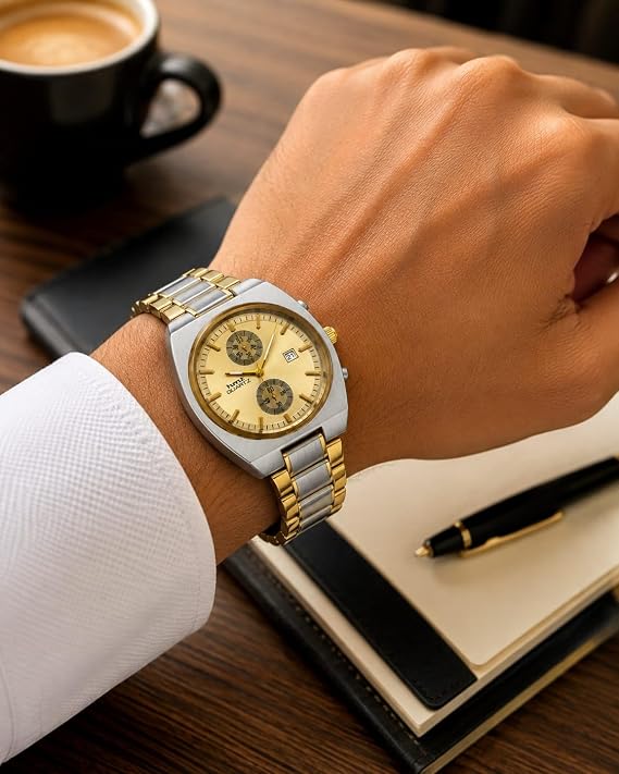 Men's Chronograph Look Analog Watch | Stainless Steel Bracelet | Quartz Movement with Date Display, 42mm Case
