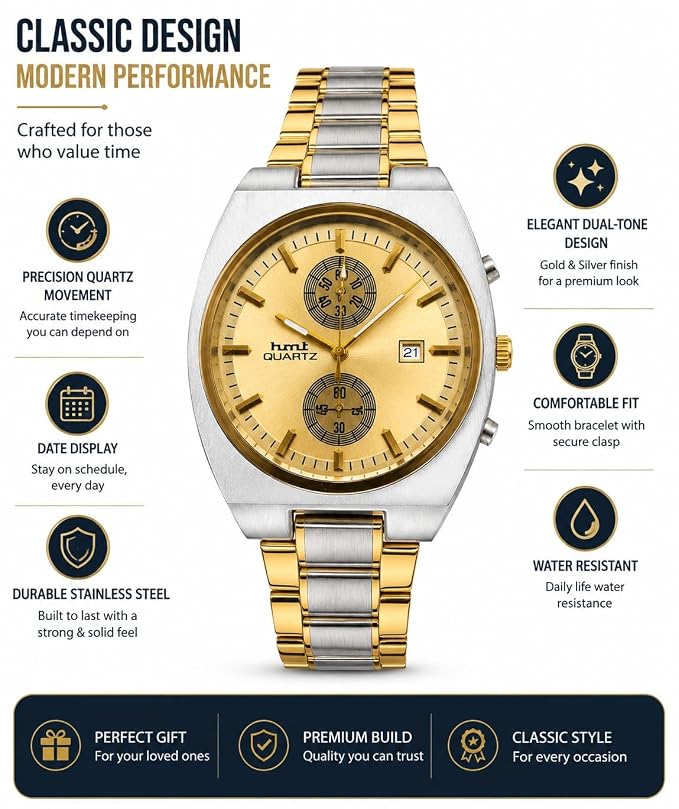 Men's Chronograph Look Analog Watch | Stainless Steel Bracelet | Quartz Movement with Date Display, 42mm Case