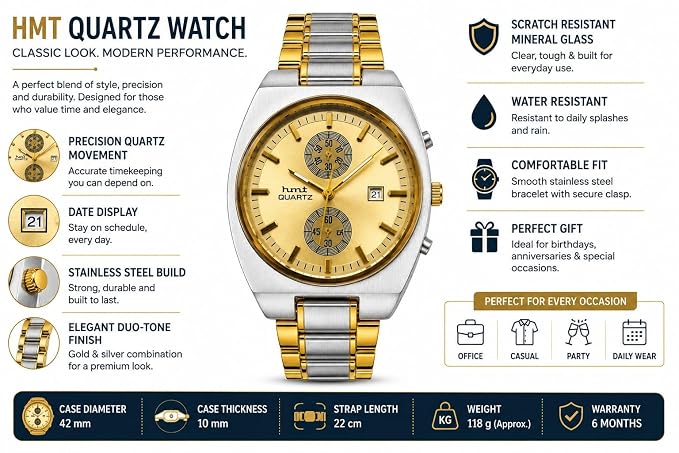 Men's Chronograph Look Analog Watch | Stainless Steel Bracelet | Quartz Movement with Date Display, 42mm Case