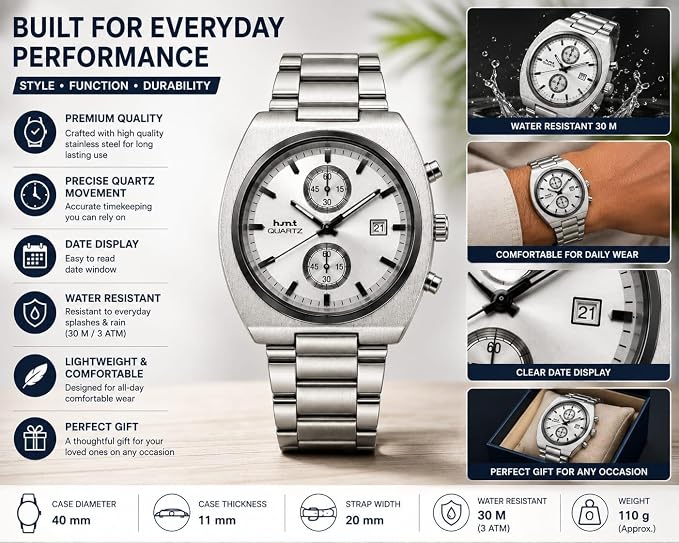 Men's Chronograph Look Analog Watch | Stainless Steel Bracelet | Quartz Movement with Date Display, 42mm Case