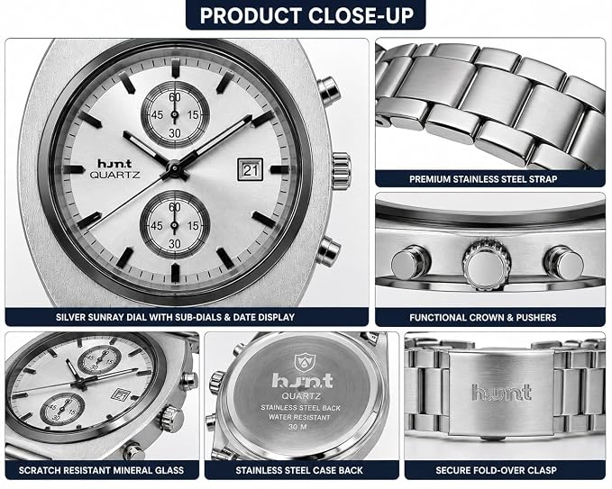 Men's Chronograph Look Analog Watch | Stainless Steel Bracelet | Quartz Movement with Date Display, 42mm Case