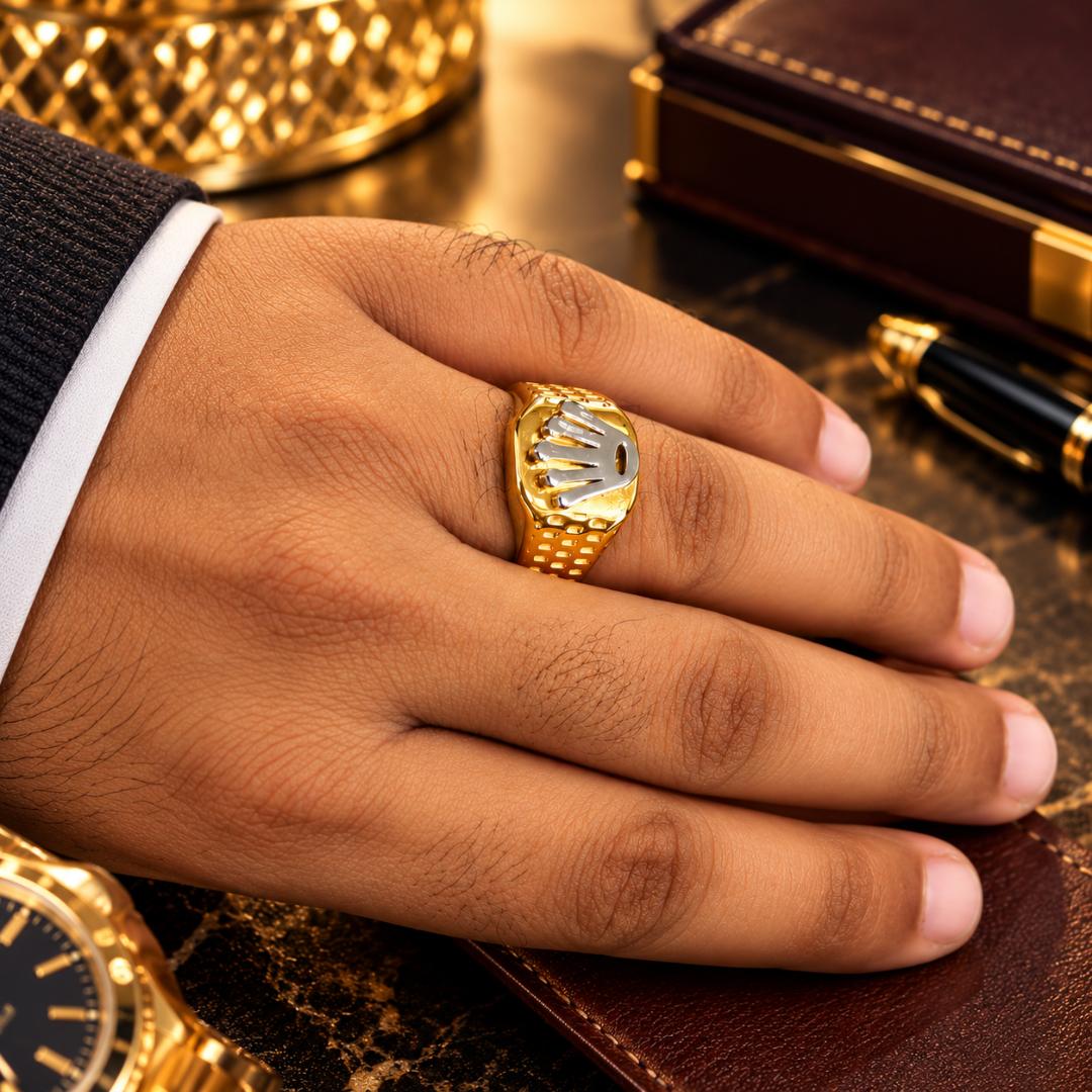 Men’s Gold-Tone Crown Design Signet Ring for Men – Stylish Two-Tone Statement Ring (Size 9, 10, 11)