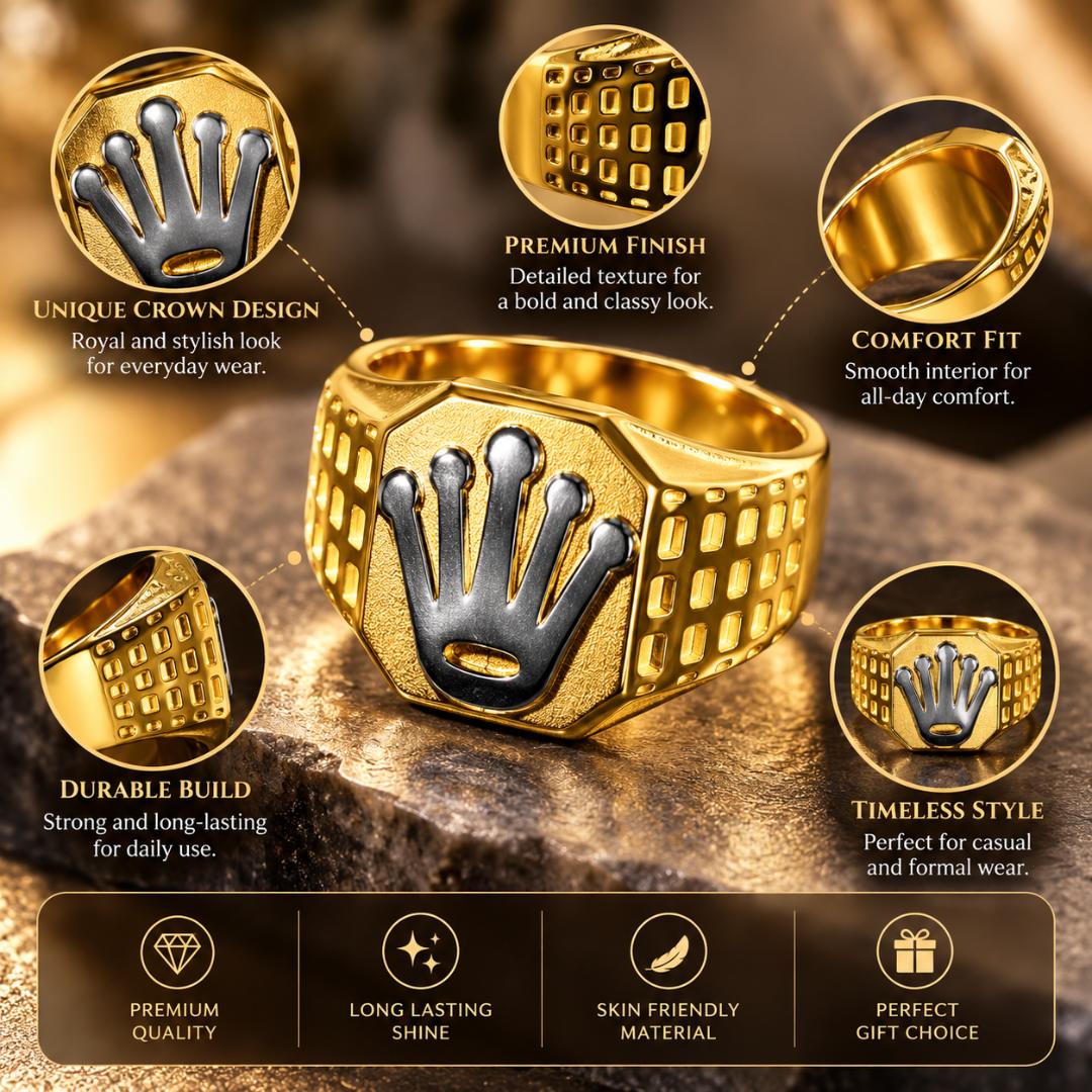 Men’s Gold-Tone Crown Design Signet Ring for Men – Stylish Two-Tone Statement Ring (Size 9, 10, 11)