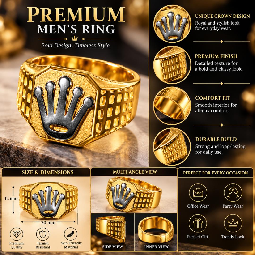 Men’s Gold-Tone Crown Design Signet Ring for Men – Stylish Two-Tone Statement Ring (Size 9, 10, 11)